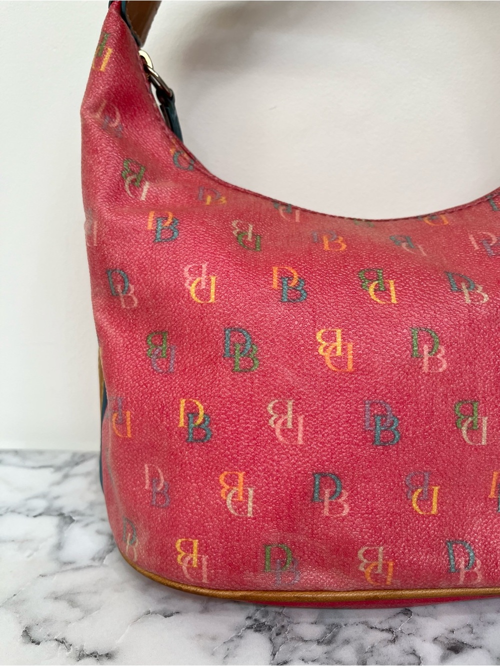 Dooney & Bourke Vintage Pink Multicolor Rainbow Logo Hobo Shoulder Bag Y2K - Picture 7 of 16